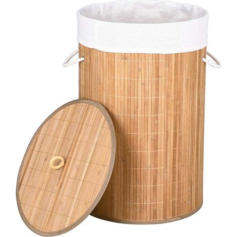 Cesto Biancheria Sporca Pieghevole in Bambu e Tessuto Portabiancheria con Manici