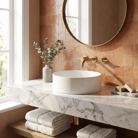 Lavabo rond en granit avec plan de travail Ø36 cm blanc albâtre - Delia (1/5)