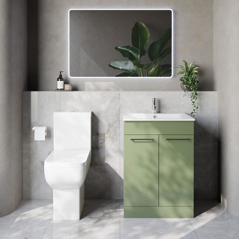 Napoli 460 Olive Green 600mm 2 Door Vanity Unit and Tacoma Comfort Height Toilet Suite with Angel Basin - 600mm - Chrome 160mm Handle