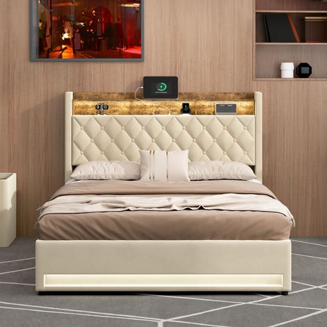 Lit coffre 160x200 cm en velours avec LED, USB et prise HAVRYA (1/5)