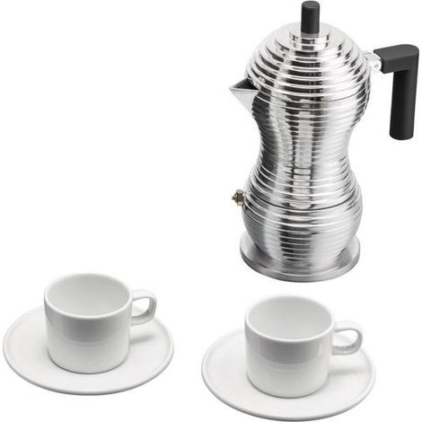 Alessi Coffee Gift Set Pulcina MDL02BSET - Cafetera Espresso 3 Tazas de Aluminio con Inducción + 2 Tazas y Platillos de Porcelana