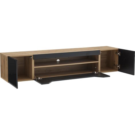 Meuble TV mural 180 x 37 x 36 cm avec 3 compartiments de rangement, meuble bas suspendu flottant, meuble TV brillant avec LED, table TV, montage mural, adapté à un téléviseur 75 pouces, noir + couleur (1/5)