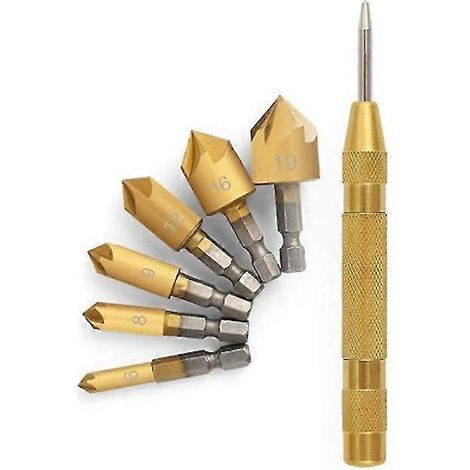 Ensemble de 7 forets à fraiser pour le travail du bois, à changement rapide, queue hexagonale de 6,35 mm (1/4"), 5 cannelures, outil de pointage à 90°, 6,35 mm (1/4") à 19 mm (3/4") (1/5)