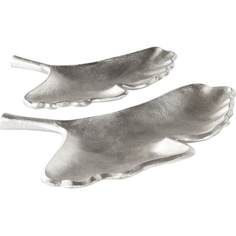 Conjunto de 2 platos decorativos de metal plateado bandeja joyería anillos patrón de gingko Palenque