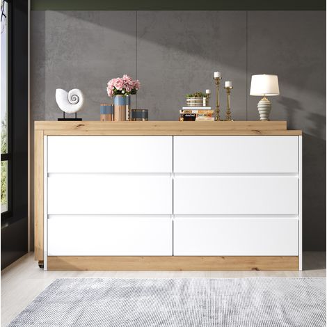 Escritorio multifunción giratorio 120 x 50 cm con 6 cajones, roble blanco, ruedas bloqueables (1/5)