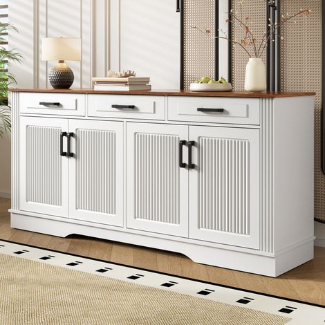 FLORAGRACE Sideboard blanc en MDF 160 x 40 x 75 cm, 4 portes à rainures verticales, 3 tiroirs, poignées noires, meuble de rangement pour salon, entrée et salle à manger (1/5)