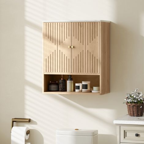 Meuble de salle de bain mural avec étagère ouverte et portes décorées, plateau effet marbre, 60 x 18 x 70 cm, chêne (1/5)