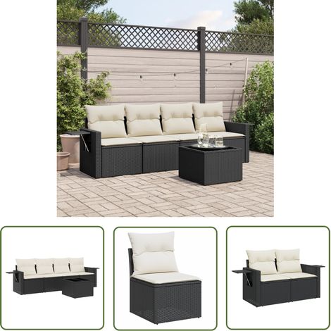The Living Store Salon de jardin 5 pcs avec coussins noir résine tressée - Ensemble Salon De Jardin - Meuble De Jardin - Jardin Design - Mobilier Exterieur - Set Salon Extérieur (1/5)