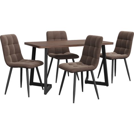 Ensemble salle à manger 5 pièces avec table MDF noyer et 4 chaises en velours brun avec pieds en métal noir (1/5)