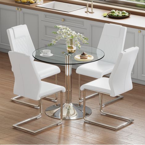 Conjunto de comedor redondo de cristal templado 85 cm con 4 sillas blancas (1/5)