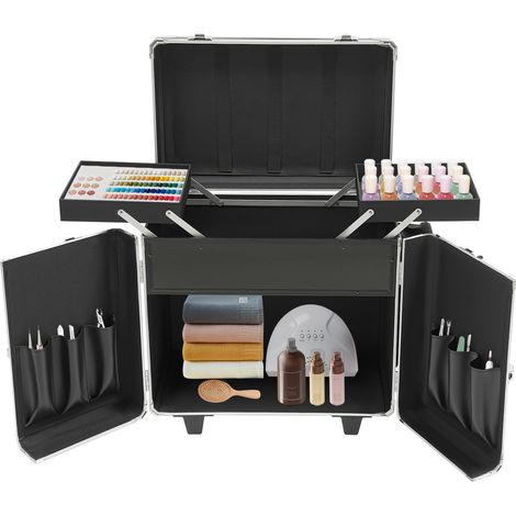Mallette podologie – 46×29×42 cm, roulettes, serrure, 3 compartiments, 2 plateaux pliants, 6 poches, capacité 50 kg– Pour pédicure, esthéticienne, soins à domicile