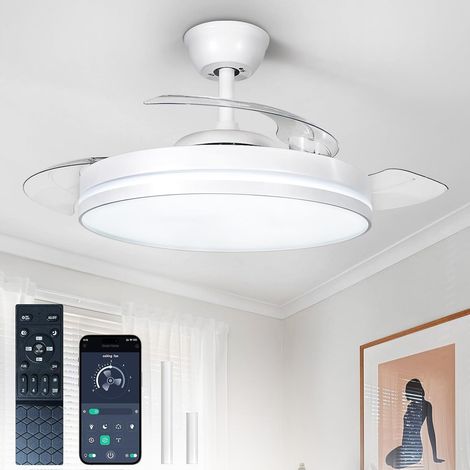 Ventiladores de techo retráctiles con luz: Ventilador de techo Fandelier de 42 pulgadas con control por aplicación: ventilador blanco con brillo ajustable y aspas invisibles para sala de estar. (1/5)