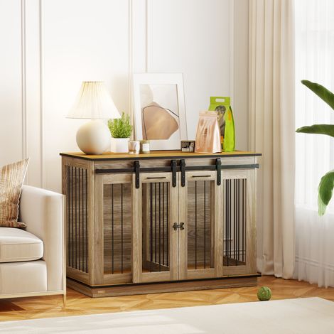 PawHut Dog Crate Furniture for Large Dog, Double Dog Cage with Divider Oak (1/5)