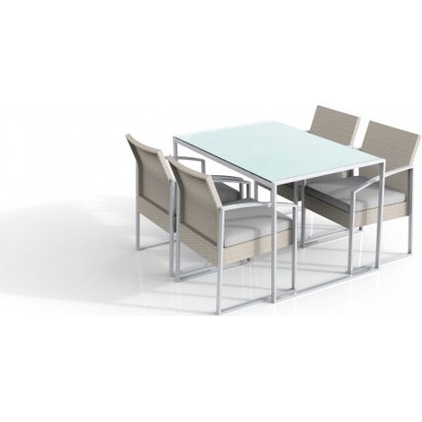 Set tavolo da pranzo tavolo con 4 sedie, polirattan bianco lavato, cuscini grigio Fredi Baboi