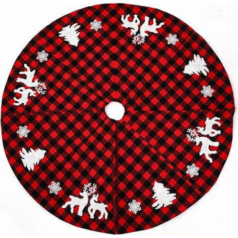 Tapis de sapin de Noël 90 cm, motif élan rouge et noir, petit sapin et flocon de neige (1/5)