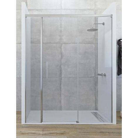 Mampara de ducha frontal de 2 hojas fijas y 1 puerta corredera. - Cristal 6 mm con ANTICAL INCLUIDO - Modelo CENTAURO Medida (151-160) - CRISTAL DECORADO 21 (1/4)