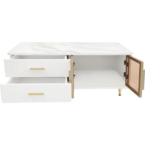 Wohnzimmerset mit Couchtisch und TV-Möbel in Weiß, gehärtetem Glas und goldenen Details (1/5)