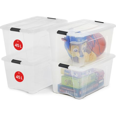 Iris Ohyama, Lot de 4 boîtes de rangement, 45 L, avec clips, empilable, salon, chambre, garage - New Top Box NTB-45 - Transparent