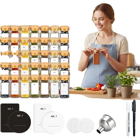 Gewürzgläser Set, luftdichte Glasbehälter, Bambusdeckel, 35PCS (1/2)