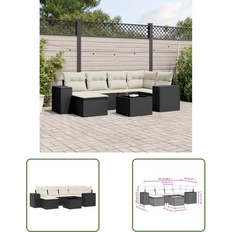 The Living Store 7-tlg. Garten-Sofagarnitur mit Kissen Schwarz Poly Rattan - Gartenmöbel Set - PE-Rattan Möbel - Outdoor Lounge - Esstisch Set - Balkonmöbel (1/3)