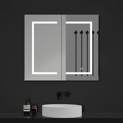 Ocean Armoire Miroir Salle de Bain LED, 80x70cm avec Prise Rasoir, Anti-Buée, 3 Tons LED, 2 Étagères Réglables, blanc