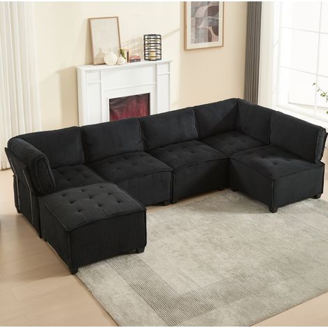 Divano modulare 308x154x82 cm in velluto a coste nero, con tasche, per soggiorni – MEUBLIV (1/5)