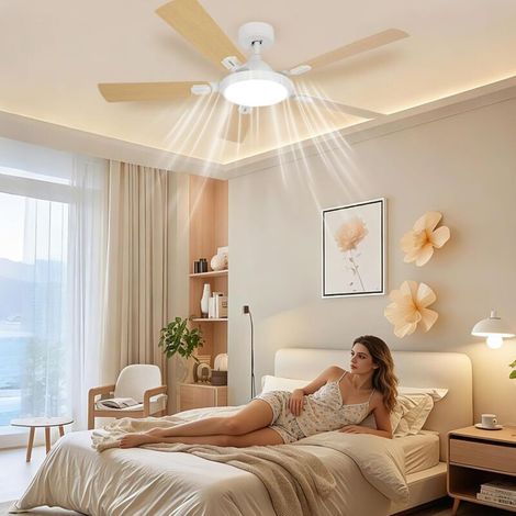 Ventilatore da soffitto da 52 pollici con 5 pale, luce, 6 velocità, illuminazione LED dimmerabile a 3 colori, motore DC reversibile, telecomando (asta bianca) (1/5)