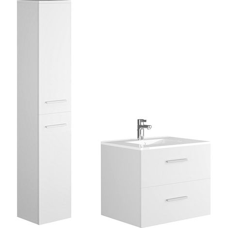 Mobile per bagno sospeso lavabo singolo colonna portaoggetti 60 cm Bianco - KAYLA