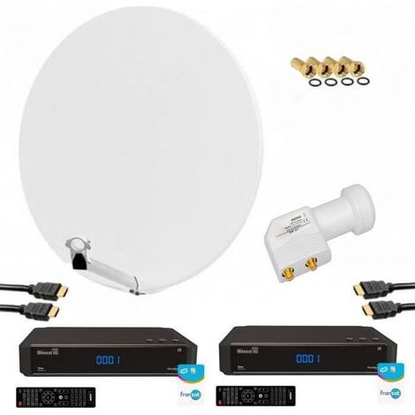 HDME KIT PARABOLE SATELLITE FIBRE BLANCHE 85CM + LNB TWIN + 2X RÉCEPTEURS TV FRANSAT AVEC CARTE (1/4)