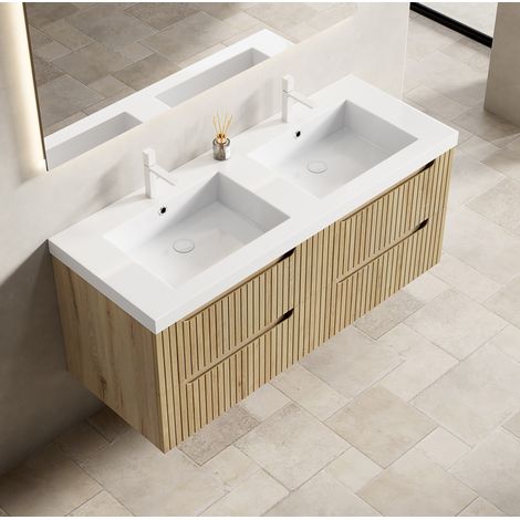 Mobile lavabo sospeso con doppio lavabo integrato, 2 cassetti, chiusura ammortizzata, resina, bianco legno (1/5)