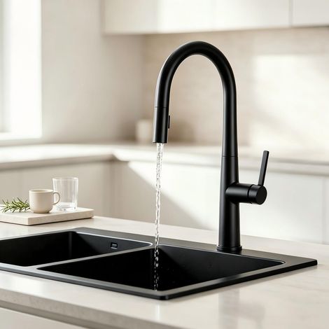 CECIPA MAX Grifo de cocina, grifo extraíble con 2 tipos de chorro, grifo de fregadero de acero inoxidable giratorio 360°, negro (1/5)