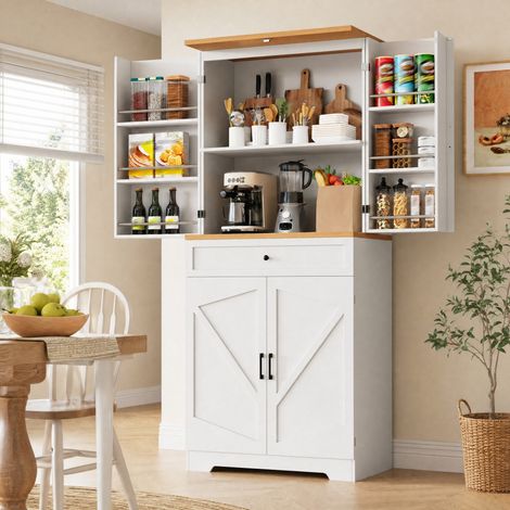Meuble cuisine haut 80 x 40 x 180 cm avec tiroir, étagères ouvertes, blanc MDF et métal DESVIAE (1/5)