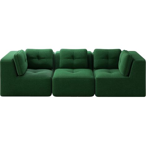 Divano angolare modulare 3 posti in velluto a coste verde, senza montaggio, seduta profonda (1/5)
