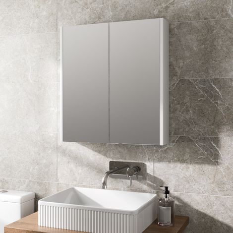 White Bathroom Wall Mirror Cabinet Modern Storage 600mm Two Door (1/7)