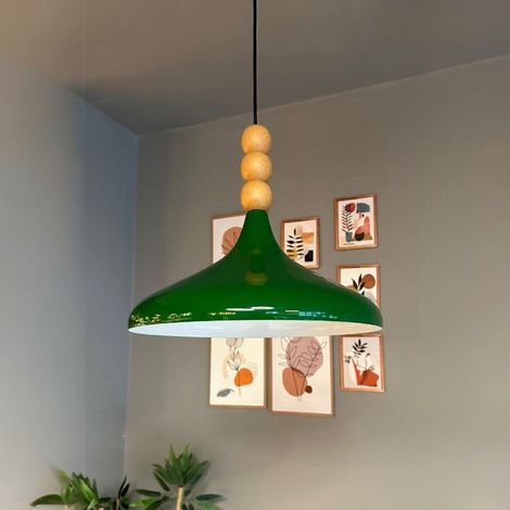 bamyum Holz Champion Suspension Industrielle Plafonnier, 35 cm Abat-Jour Plafonnier, Suspension Industrielle, E27 Lumières Pour Salon & Salle À Manger, Luminaire Suspendu Vert (1/5)