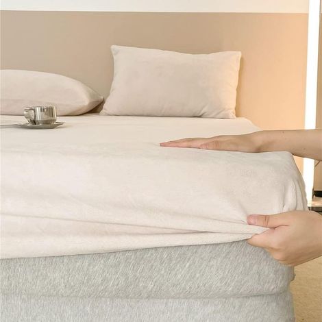 Drap-housse en polaire 180 x 200 cm, bonnet 25 cm, blanc crème - Douceur cachemire - Drap-housse en microfibre ultra-chaude pour matelas épais - RWD (1/5)