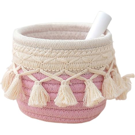 [Korb] Mano ["Ande"] 【Vintage Modell】 Baumwollseilkorb mit Fransenmuster zur Aufbewahrung und Inneneinrichtung, rosa Farbe, Schreibtischgröße. (1/5)