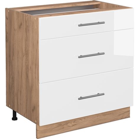 Küchenunterschrank Fame-Line, Weiß Hochglanz, 80 cm mit 3 Schubladen, ohne Arbeitsplatte, Vicco