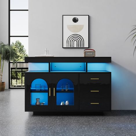 Buffet en LED 120cm,Armoire à café avec tiroirs,Meuble de salon brillante à 16 couleurs pour salle à manger (Noir) (1/5)