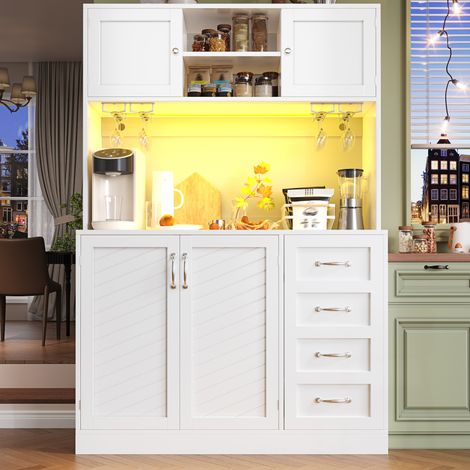 Credenza 120 x 40 x 188 cm con LED, 4 ante e 2 grandi cassetti, MDF bianco HAVRYA (1/5)