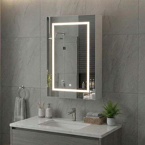 VASIEN – Armoire murale de salle de bain 50x70 cm – Miroir rectangulaire avec éclairage LED  intelligent  3000K/4500K/6400K– 2 étagères réglables en verre –  Miroir HD tactile avec rangement– MDF rési