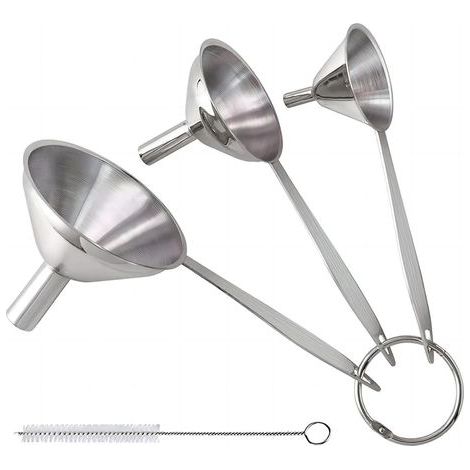 Lot de 3 entonnoirs de cuisine en acier inoxydable avec long manche, mini entonnoir en métal de qualité alimentaire pour transférer l'huile et le liquide, nettoyage facile avec une brosse (1/4)