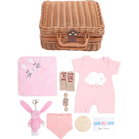Panier Cadeau Naissance Fille avec Vêtements, Jouets en Bois, Bavoirs et Chaussettes - Idée Cadeau Bébé Original (1/5)