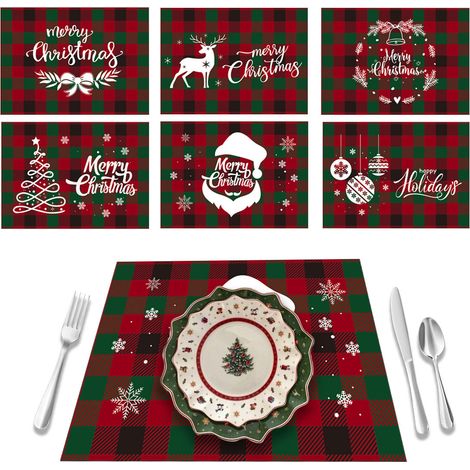 JSSEVN - Juego de 6 manteles individuales navideños de poliéster y lino - 32 x 45 cm - Manteles individuales - Decoración para fiestas - Estampado a cuadros (1/5)