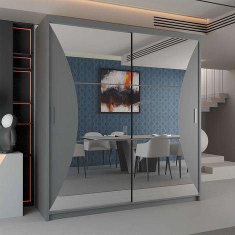Sliding Wardrobes 4U Modern Curve Mirror Sliding Door Wardrobe with adjustable Shelves and Rails - Grey 203cm (1/2)