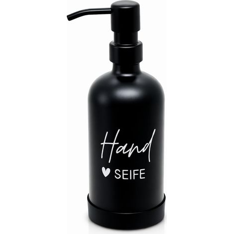 Lot de 1 distributeur de savon en verre noir mat 500 ml - Surface en céramique - Design rétro - Tête de pompe en acier inoxydable avec anneau de protection en caoutchouc - Texte écrit à la main (1/5)