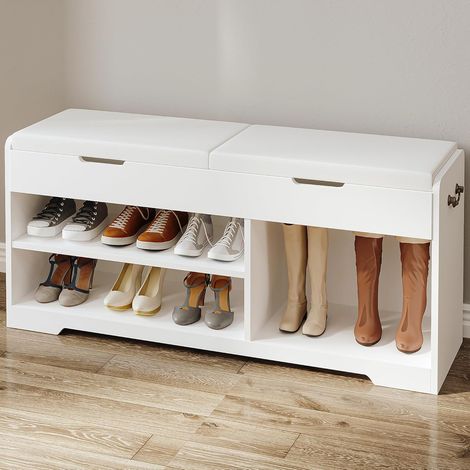 Banc à chaussures rembourré 105 cm – 2 étagères ajustables – Capacité 150 kg – Design élégant en blanc – Facile à nettoyer (1/5)