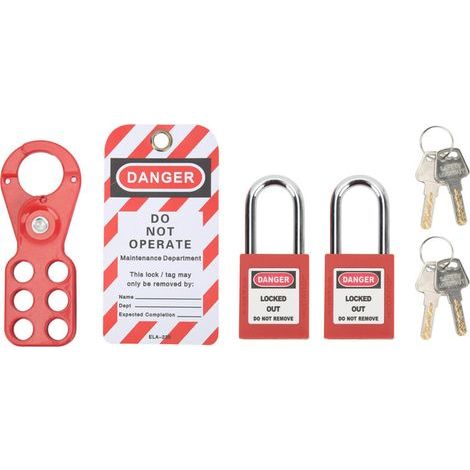 Kit de verrouillage LOTO industriel – 4 cadenas à loquet sécurisés + étiquettes inviolables + manille acier 25 mm (1/5)