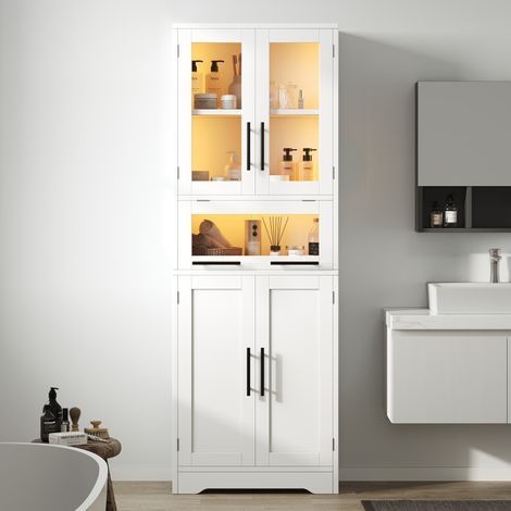 Bathroom Storage Cabinet, dimensions 60 × 30 × 170 cm a freestanding storage unit featuring App-controllable LED light strips, glass doors, and adjustable shelves, with a white finish. (1/5)