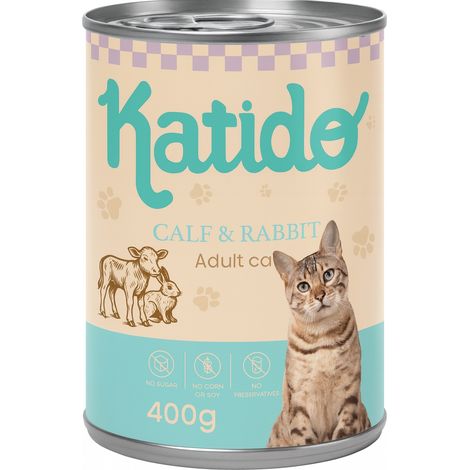 Katido Premium Comida húmeda enlatada para gatos adultos, sabor ternera y conejo, 400 g (1/4)